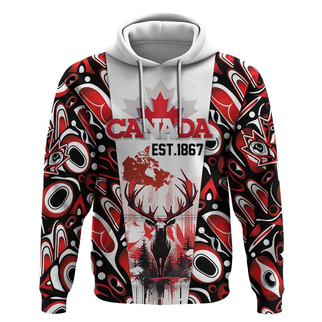 Canada Day Hoodie The Forest Moose and Maple Leaves-Haida Pattern LT03