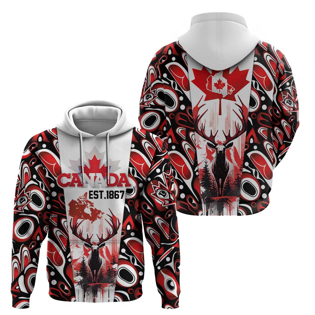 Canada Day Hoodie The Forest Moose and Maple Leaves-Haida Pattern LT03