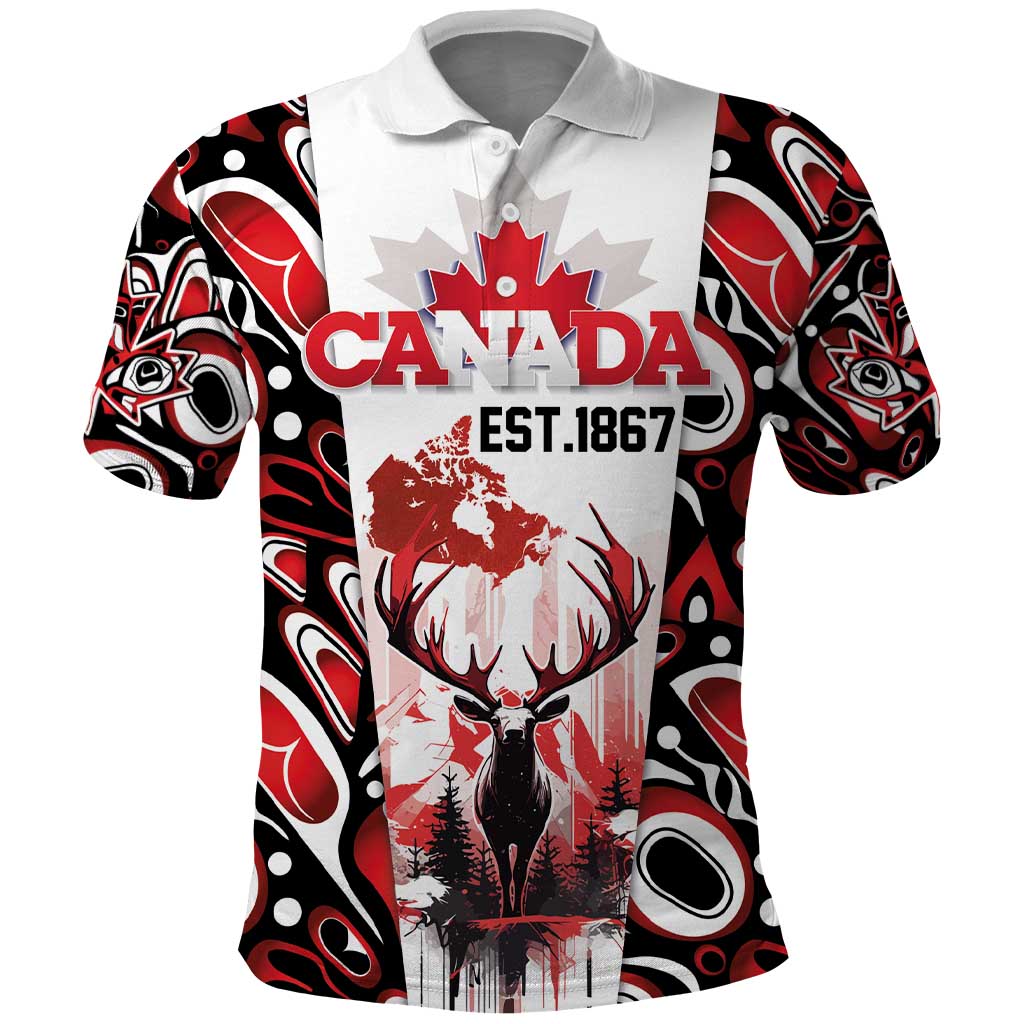 Canada Day Polo Shirt The Forest Moose and Maple Leaves-Haida Pattern LT03