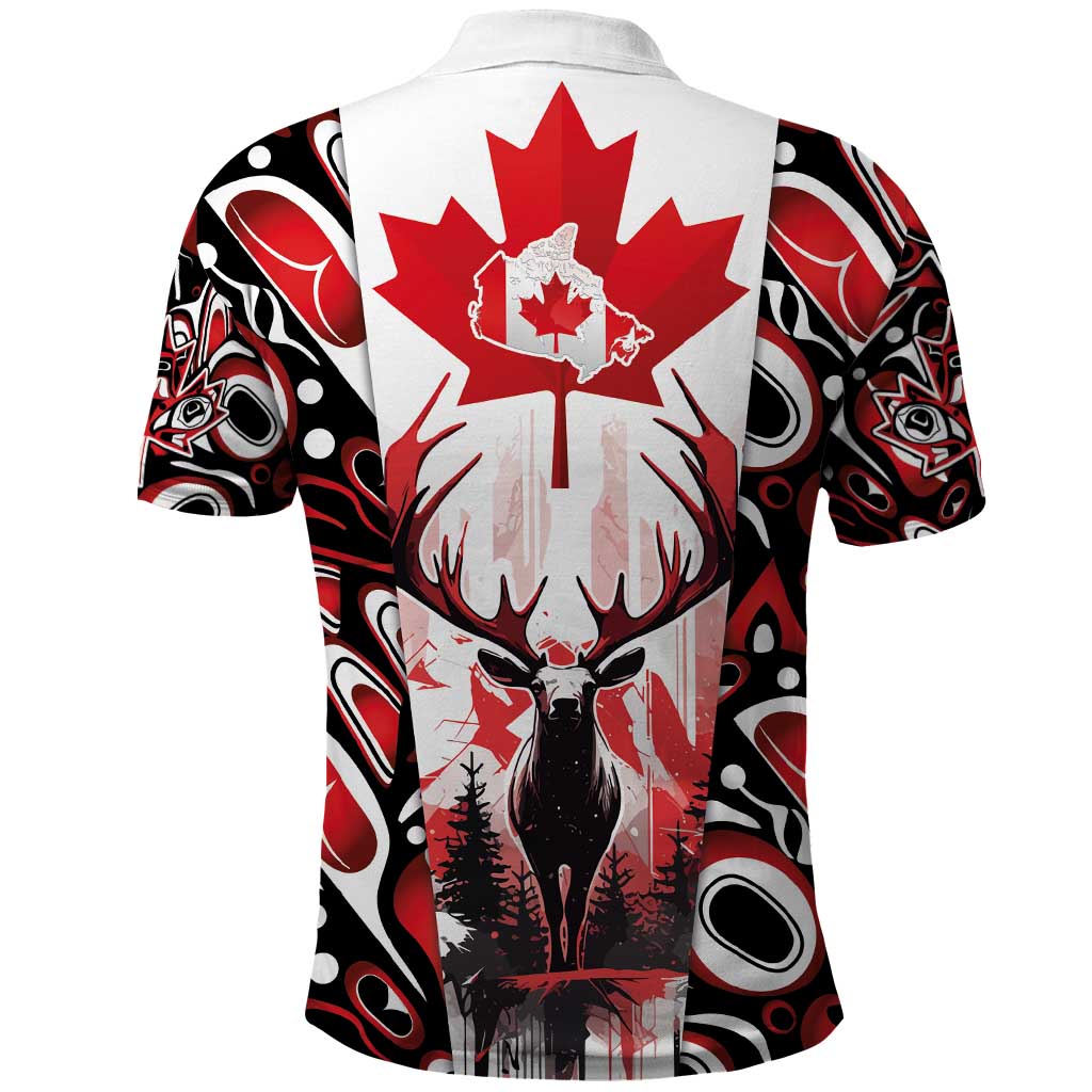 Canada Day Polo Shirt The Forest Moose and Maple Leaves-Haida Pattern LT03
