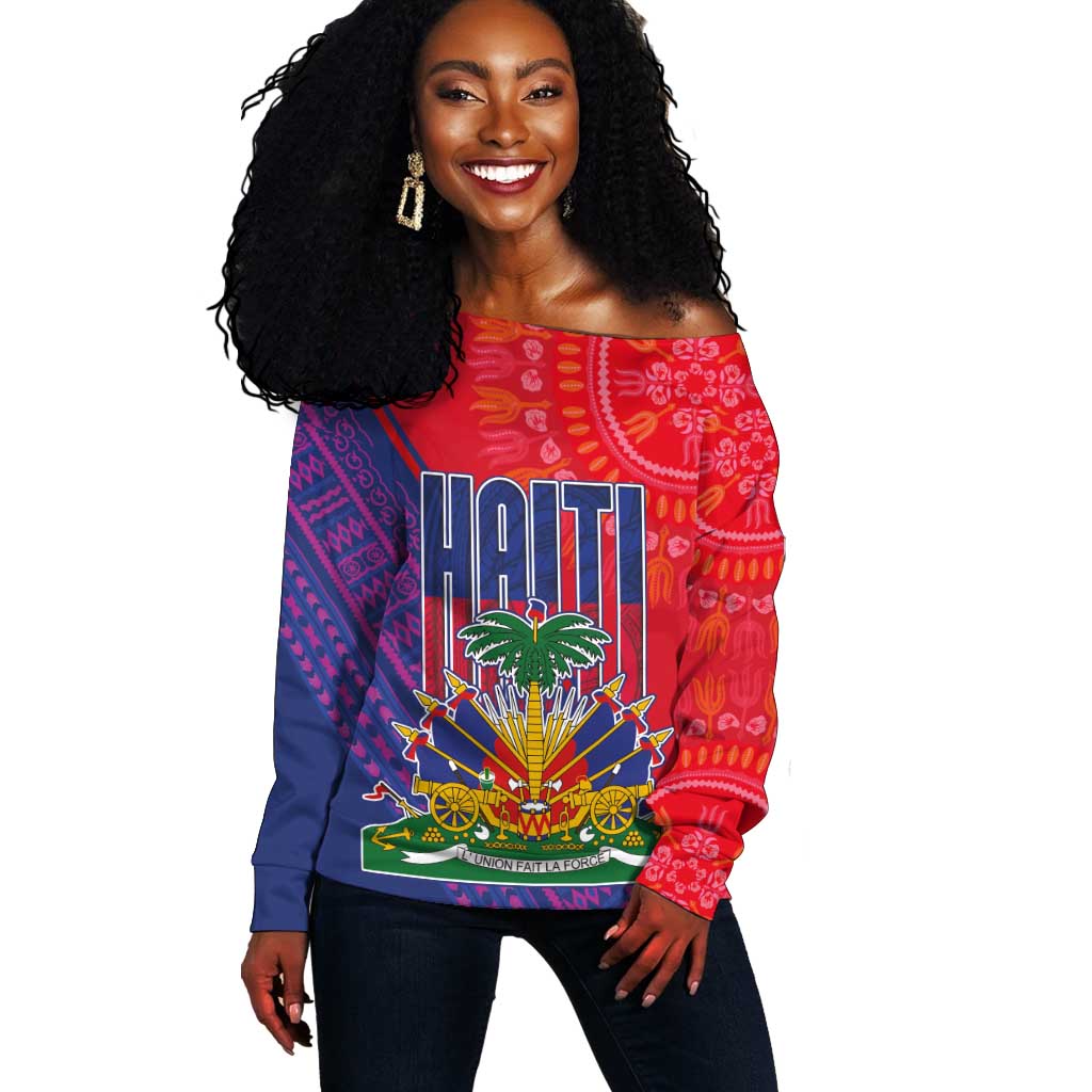 Haiti National Emblem Off Shoulder Sweater Dashiki and Polynesian Pattern LT03