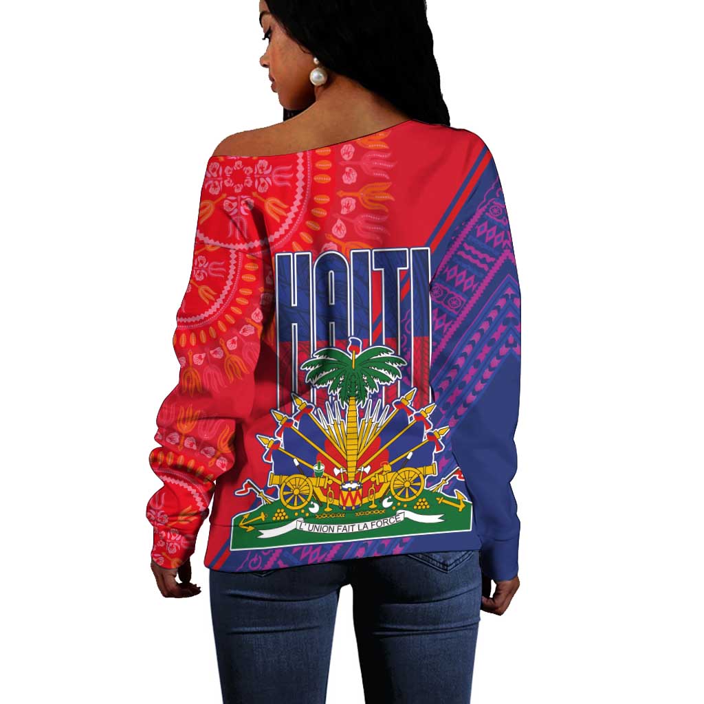Haiti National Emblem Off Shoulder Sweater Dashiki and Polynesian Pattern LT03