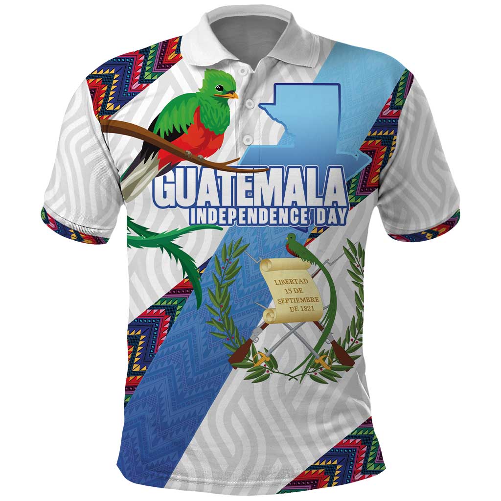 Guatemala Independence Day Polo Shirt Resplendent Quetzal with Coat of Arms and Maya Textiles LT03