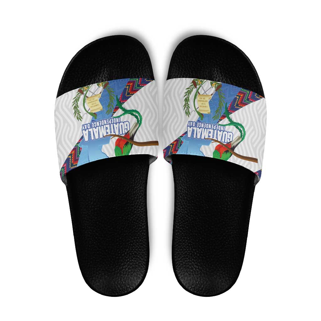 Guatemala Independence Day Slide Sandals Resplendent Quetzal with Coat of Arms and Maya Textiles LT03