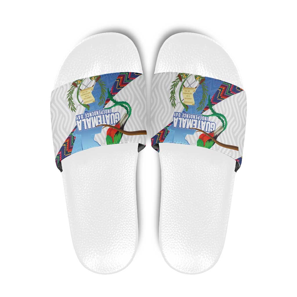 Guatemala Independence Day Slide Sandals Resplendent Quetzal with Coat of Arms and Maya Textiles LT03