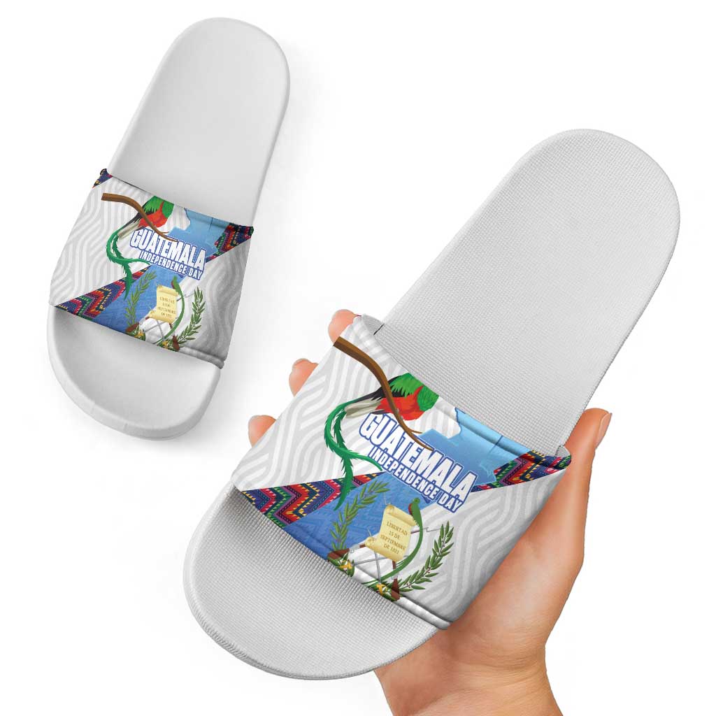 Guatemala Independence Day Slide Sandals Resplendent Quetzal with Coat of Arms and Maya Textiles LT03