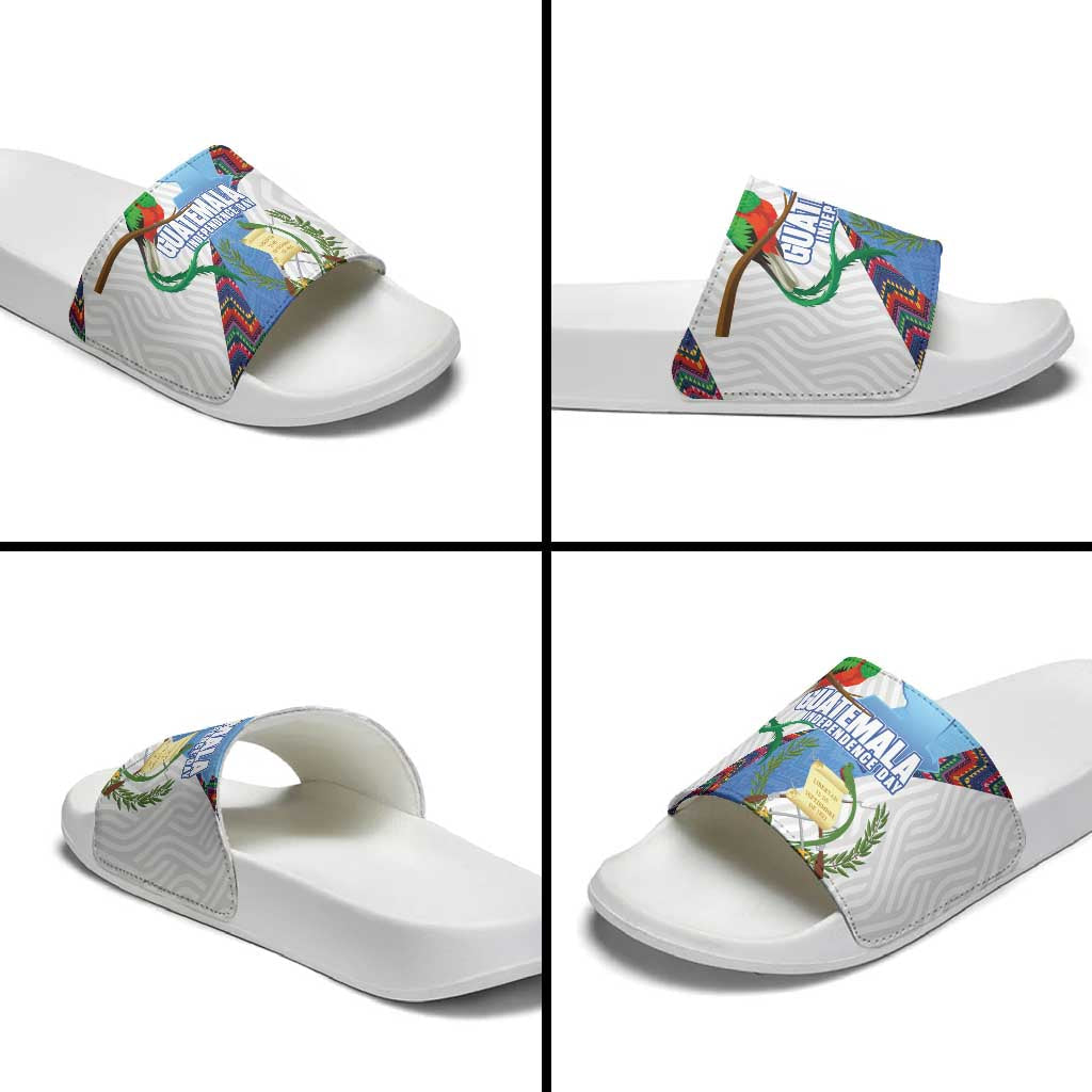 Guatemala Independence Day Slide Sandals Resplendent Quetzal with Coat of Arms and Maya Textiles LT03