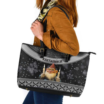 Iceland Kertasnikir Christmas Leather Tote Bag Candle Beggar and Nordic Traditional Pattern LT03
