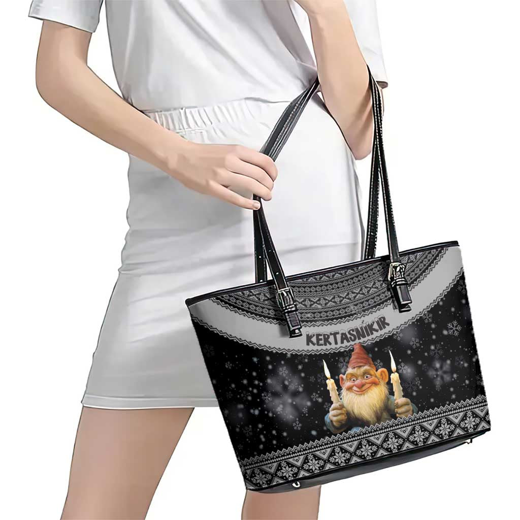 Iceland Kertasnikir Christmas Leather Tote Bag Candle Beggar and Nordic Traditional Pattern LT03
