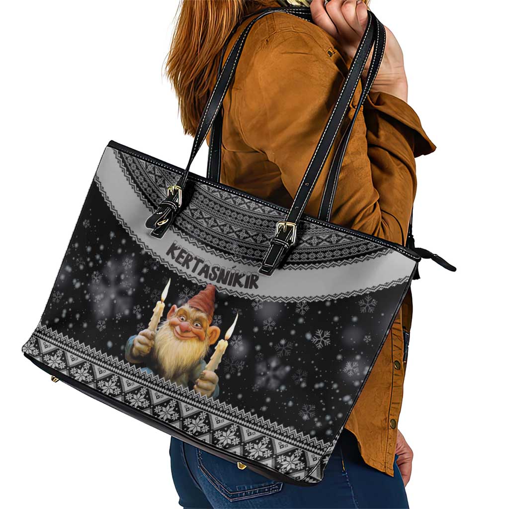 Iceland Kertasnikir Christmas Leather Tote Bag Candle Beggar and Nordic Traditional Pattern LT03