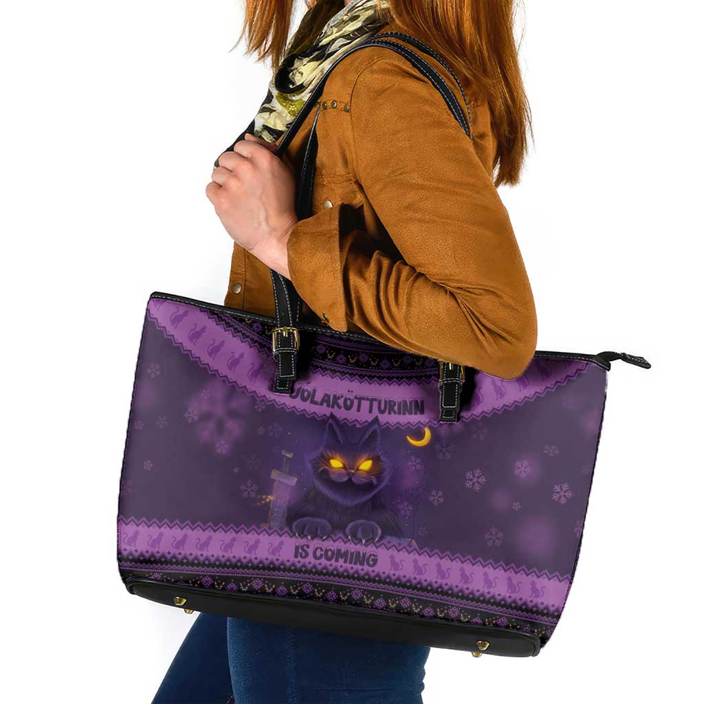 Iceland Jolakotturinn Christmas Leather Tote Bag Yule Cat and Nordic Traditional Pattern LT03