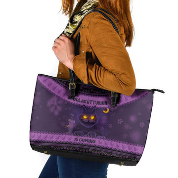 Iceland Jolakotturinn Christmas Leather Tote Bag Yule Cat and Nordic Traditional Pattern LT03