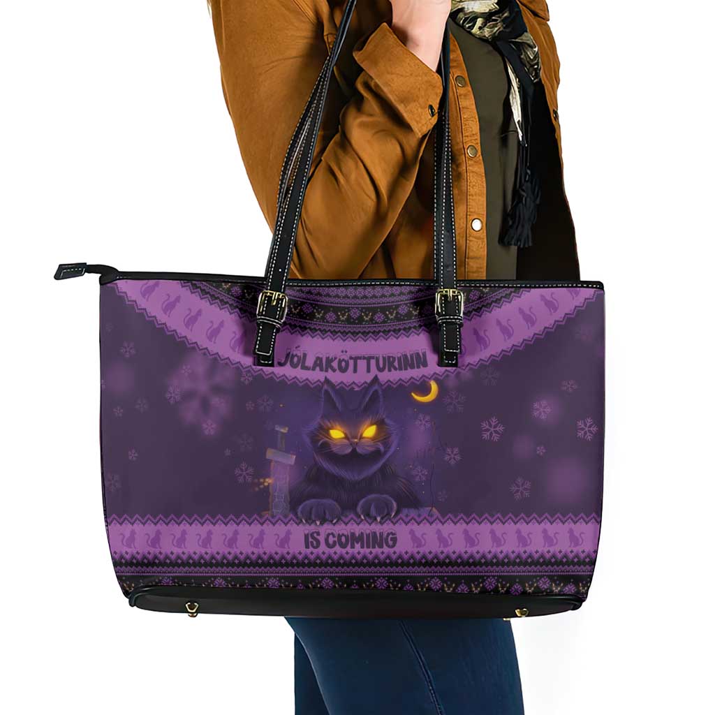 Iceland Jolakotturinn Christmas Leather Tote Bag Yule Cat and Nordic Traditional Pattern LT03