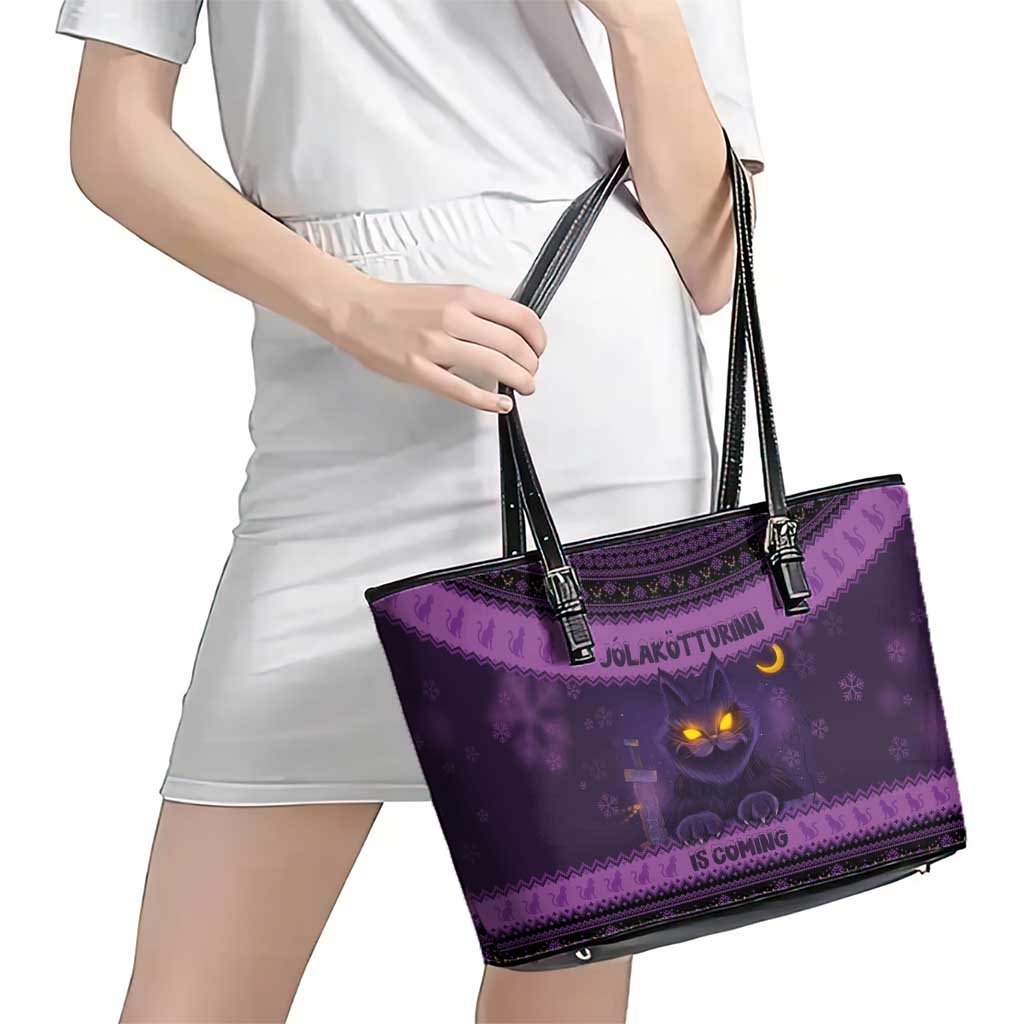 Iceland Jolakotturinn Christmas Leather Tote Bag Yule Cat and Nordic Traditional Pattern LT03
