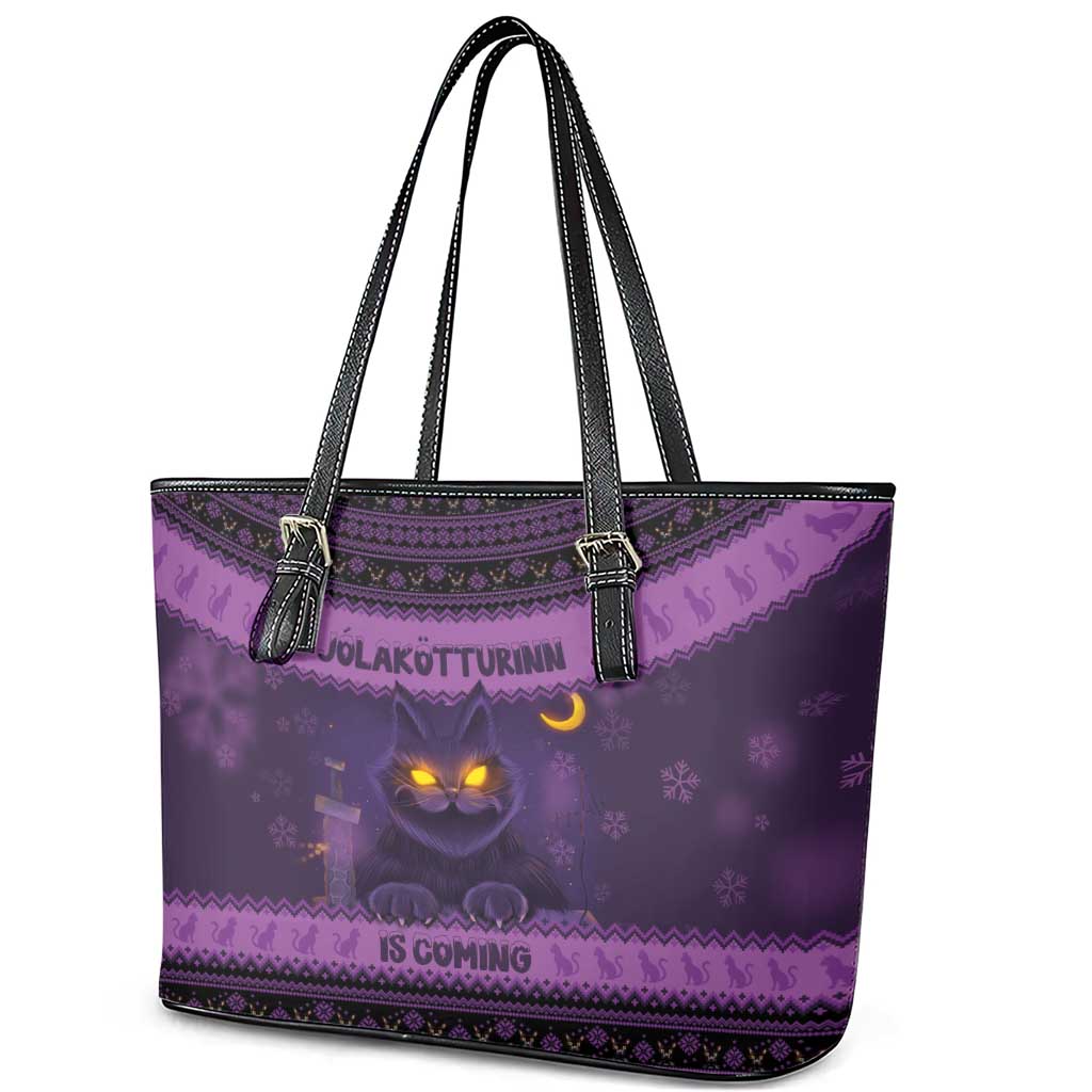 Iceland Jolakotturinn Christmas Leather Tote Bag Yule Cat and Nordic Traditional Pattern LT03