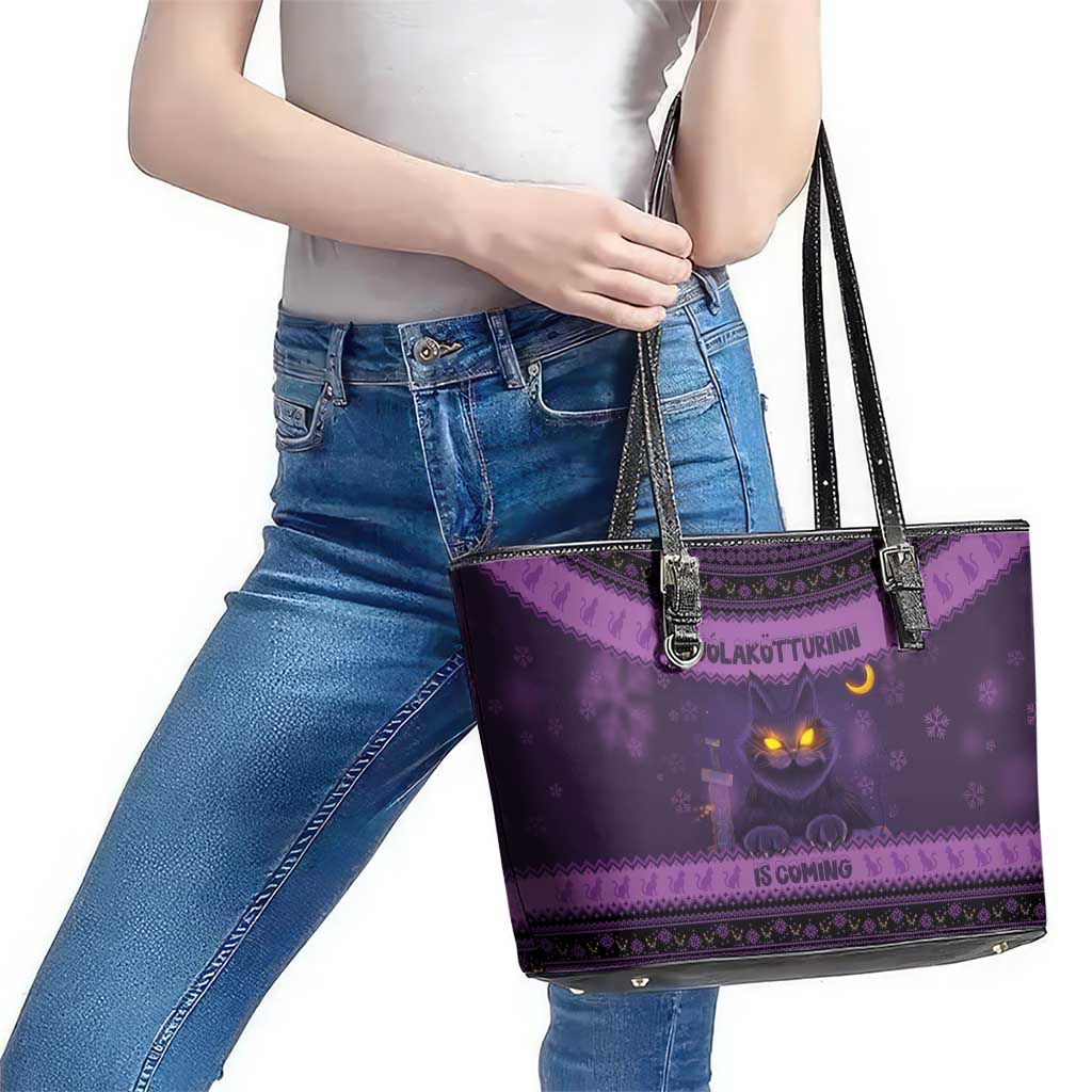 Iceland Jolakotturinn Christmas Leather Tote Bag Yule Cat and Nordic Traditional Pattern LT03