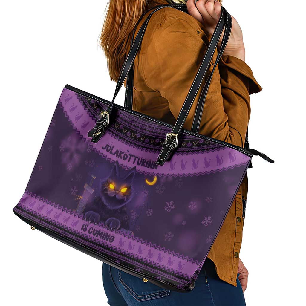 Iceland Jolakotturinn Christmas Leather Tote Bag Yule Cat and Nordic Traditional Pattern LT03