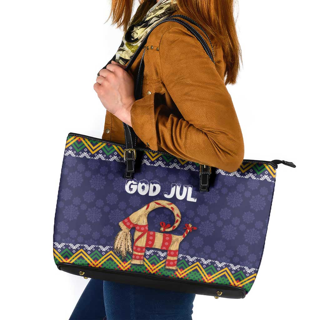 Scandinavian Yule Goat Christmas Leather Tote Bag with Scandinavian Folk Pattern Style LT03