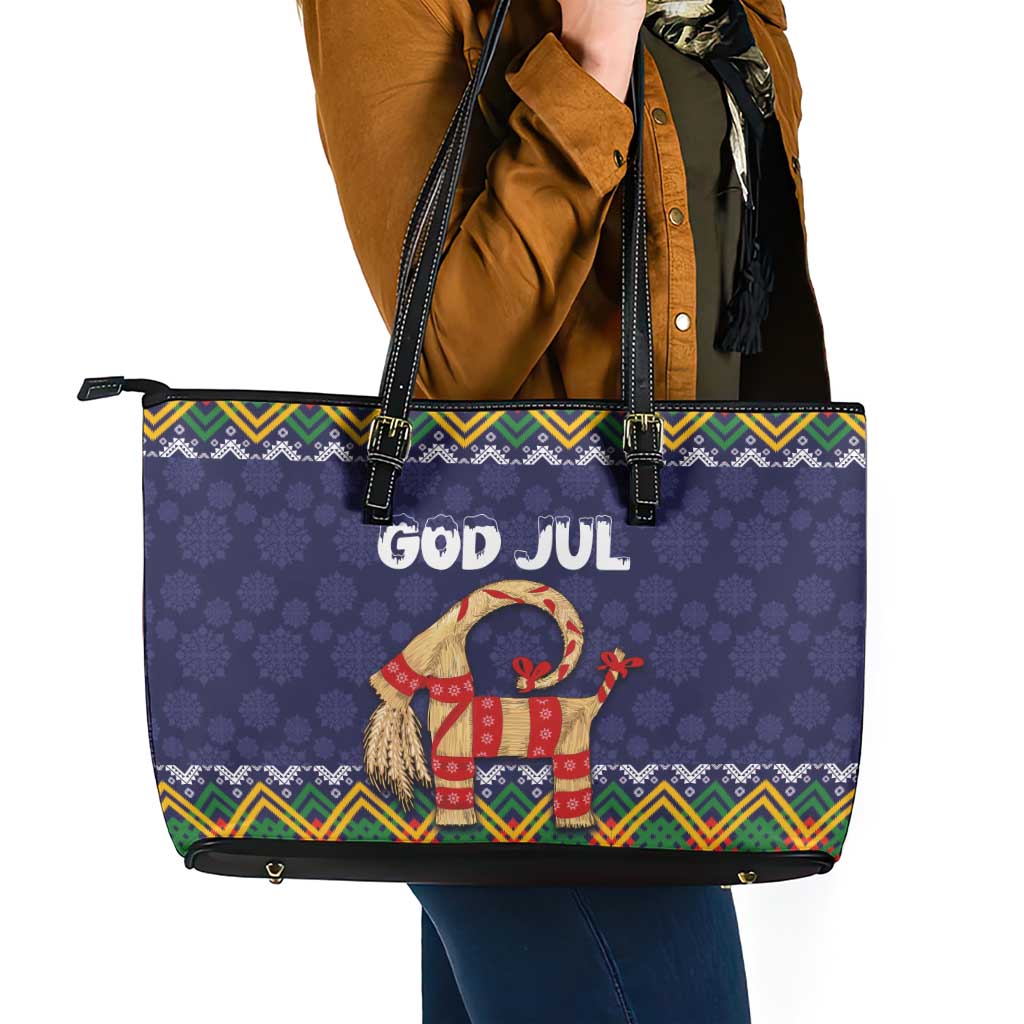 Scandinavian Yule Goat Christmas Leather Tote Bag with Scandinavian Folk Pattern Style LT03