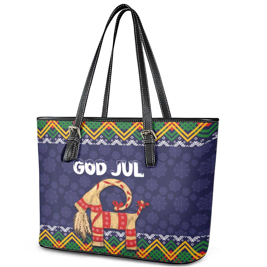 Scandinavian Yule Goat Christmas Leather Tote Bag with Scandinavian Folk Pattern Style LT03