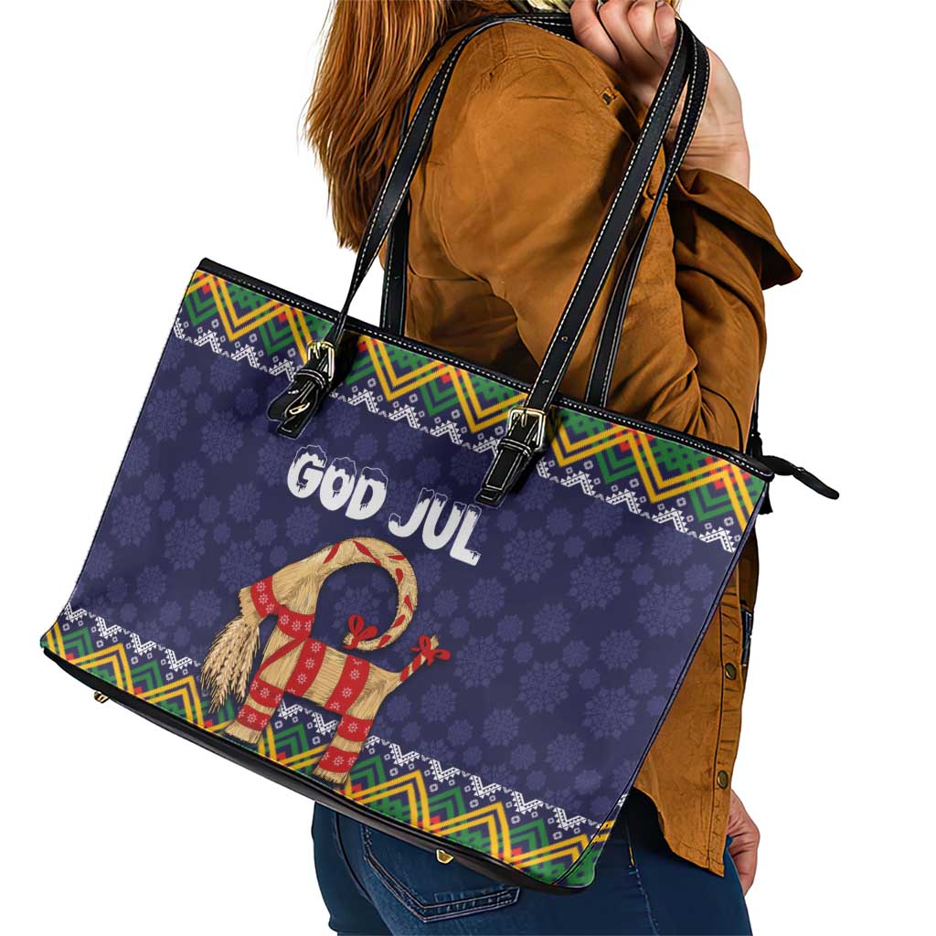 Scandinavian Yule Goat Christmas Leather Tote Bag with Scandinavian Folk Pattern Style LT03