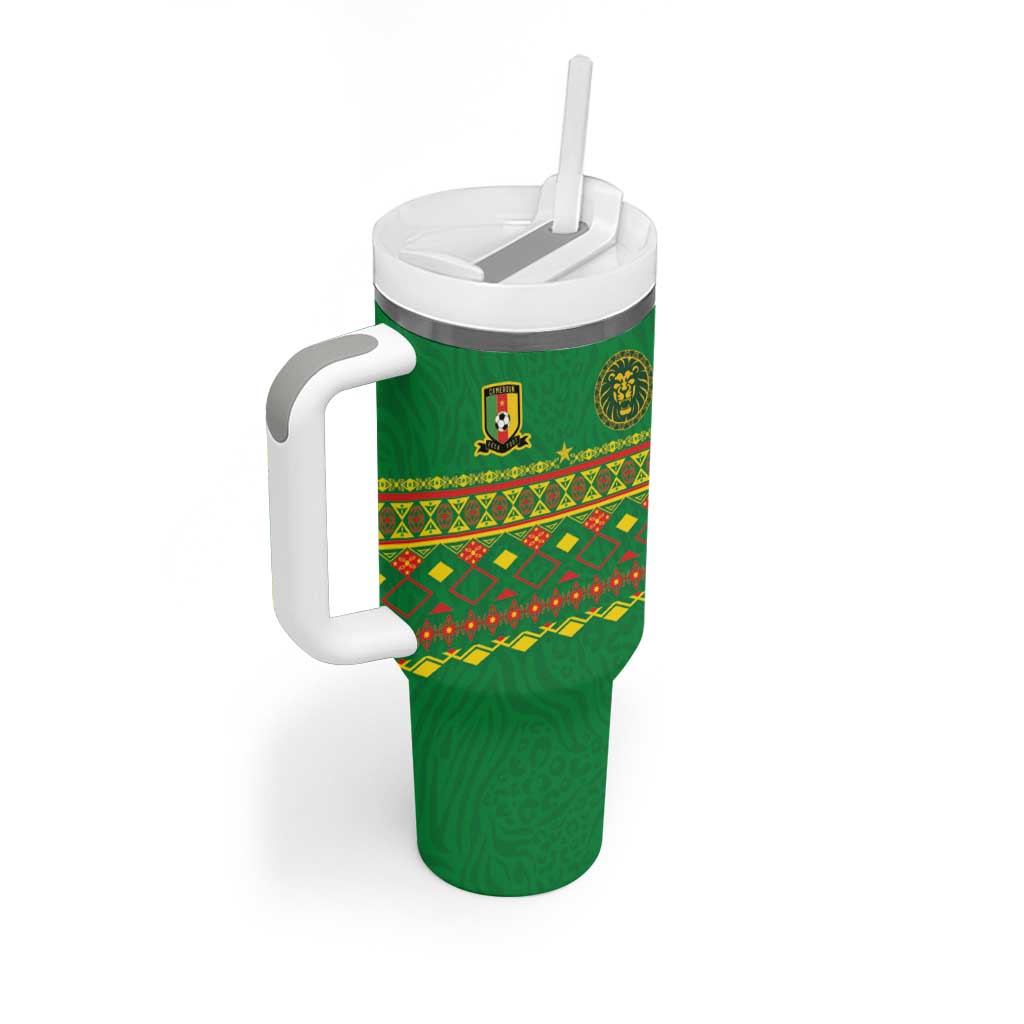Custom Cameroon Football Tumbler With Handle Tribal Motifs Green Color LT03