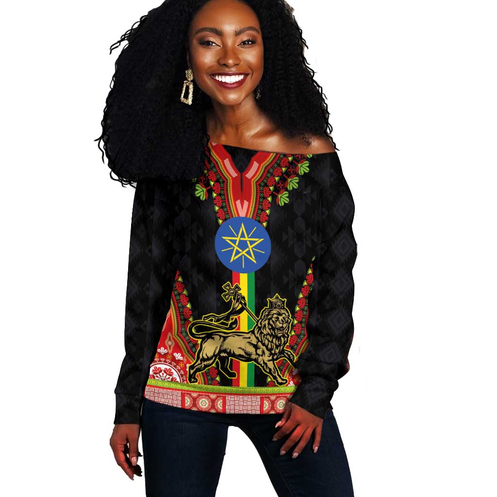 Ethiopia Lion of Judah and The Star Seal Off Shoulder Sweater Dashiki Style LT03