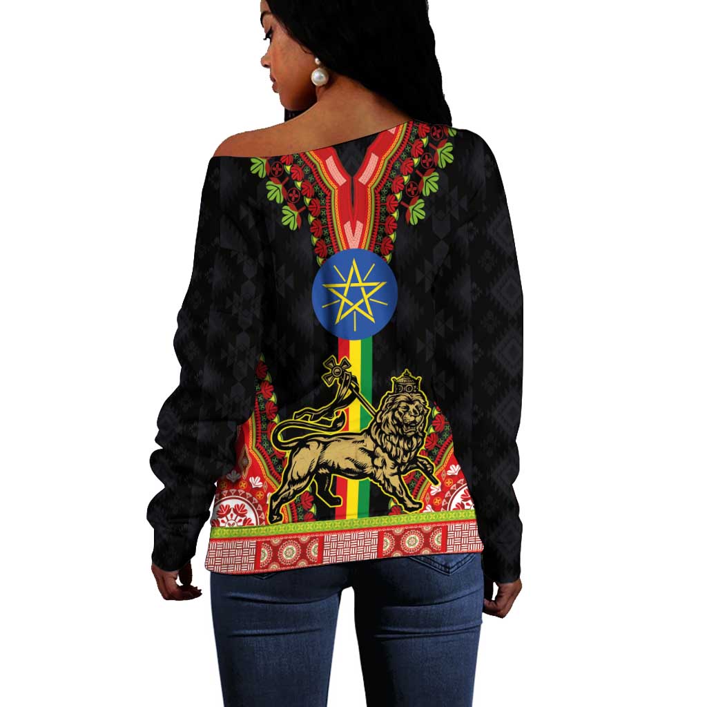 Ethiopia Lion of Judah and The Star Seal Off Shoulder Sweater Dashiki Style LT03
