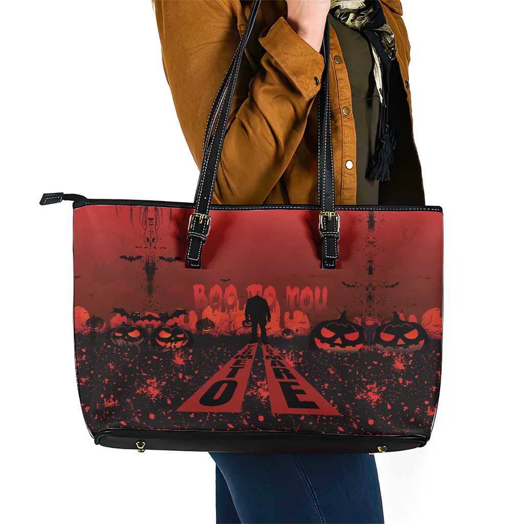 Halloween Nightmare Leather Tote Bag Pumpkin-faced Jack O Lantern With a Scary Smile Blood Vibe LT03