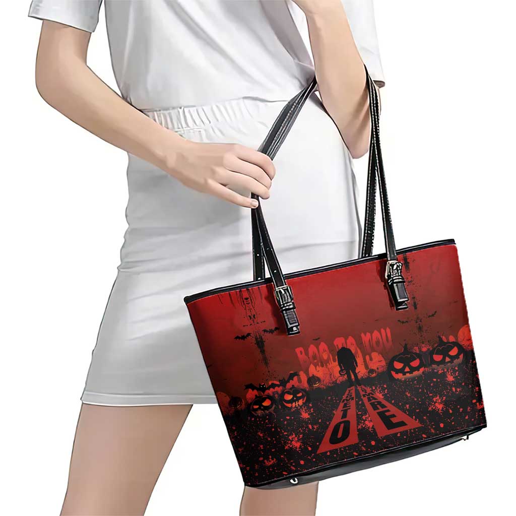 Halloween Nightmare Leather Tote Bag Pumpkin-faced Jack O Lantern With a Scary Smile Blood Vibe LT03