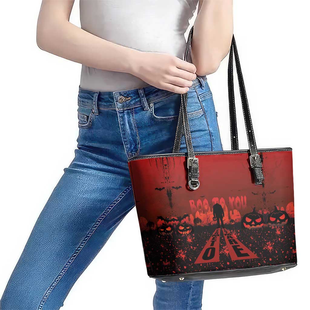 Halloween Nightmare Leather Tote Bag Pumpkin-faced Jack O Lantern With a Scary Smile Blood Vibe LT03