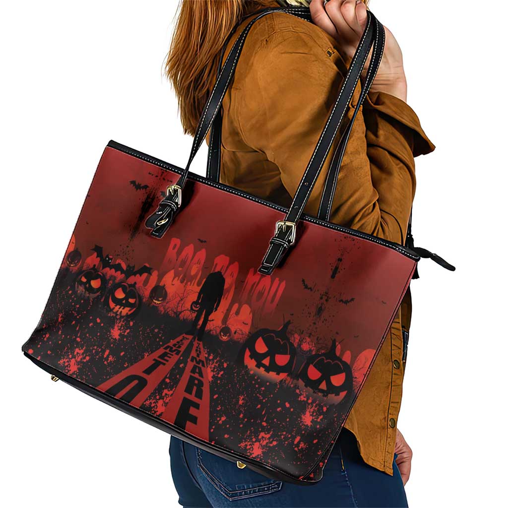 Halloween Nightmare Leather Tote Bag Pumpkin-faced Jack O Lantern With a Scary Smile Blood Vibe LT03