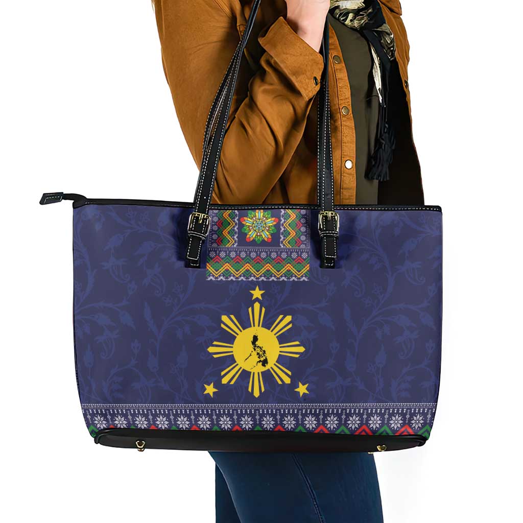 Philippines Merry Christmas Leather Tote Bag Maligayang Pasko with Parol and Xmas Pattern Barong Style LT03