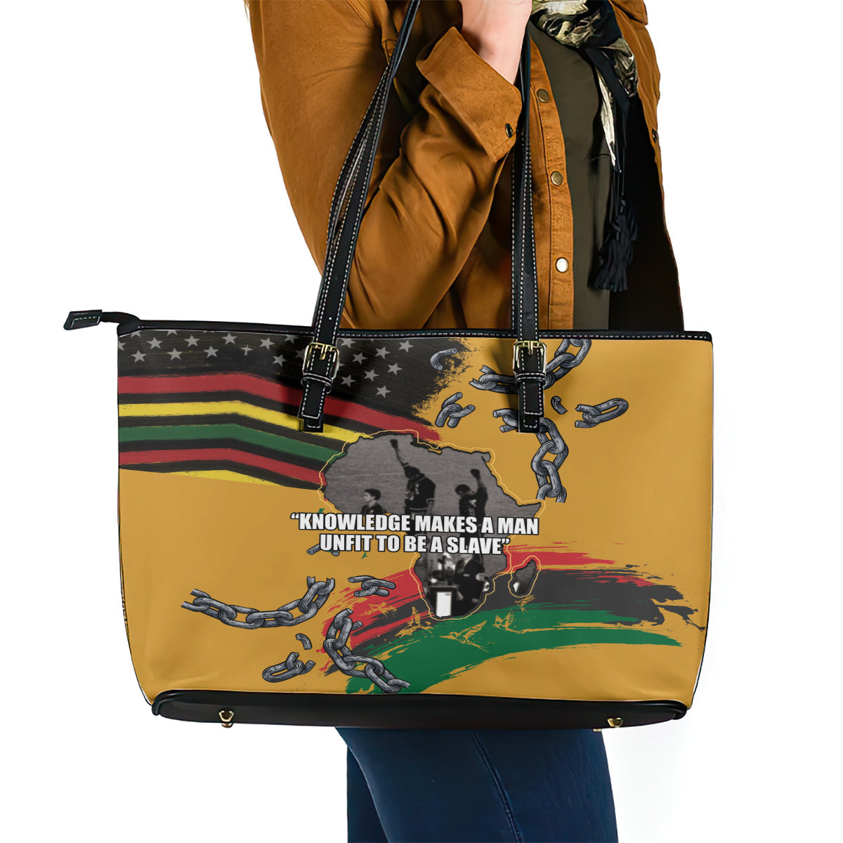 Juneteenth Freedom Day Leather Tote Bag 1968 Black Power Salute Broken Chain LT03