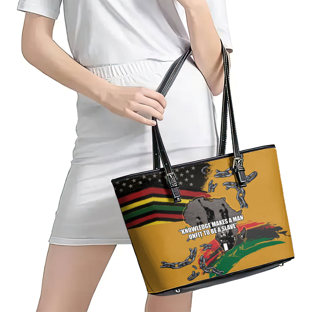 Juneteenth Freedom Day Leather Tote Bag 1968 Black Power Salute Broken Chain LT03