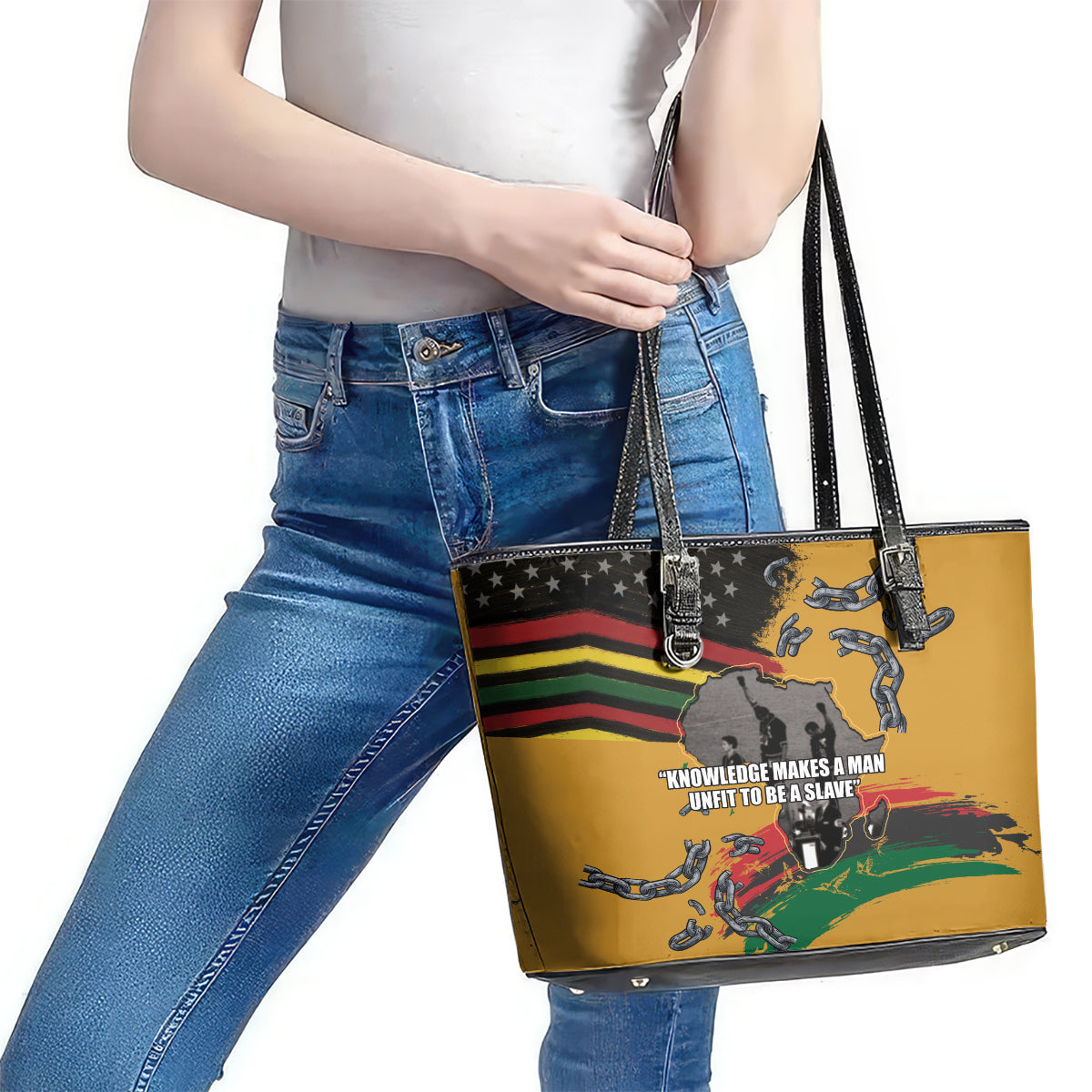 Juneteenth Freedom Day Leather Tote Bag 1968 Black Power Salute Broken Chain LT03