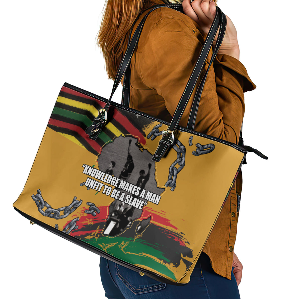 Juneteenth Freedom Day Leather Tote Bag 1968 Black Power Salute Broken Chain LT03