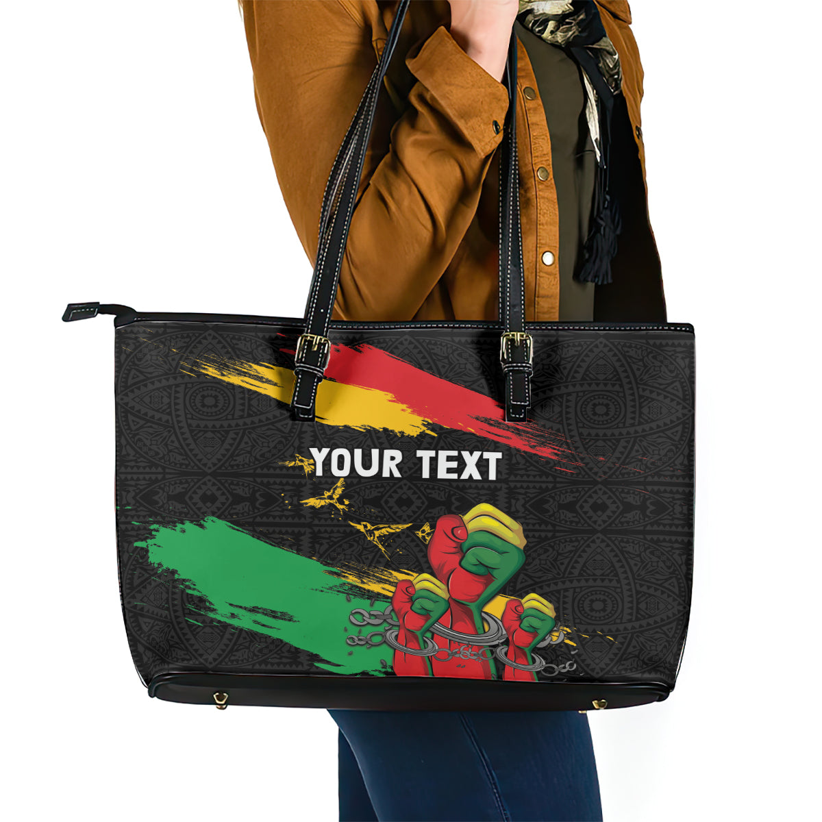 Personalized Juneteenth Freedom Day Leather Tote Bag Raised Fist Black Power and Africa Pattern LT03