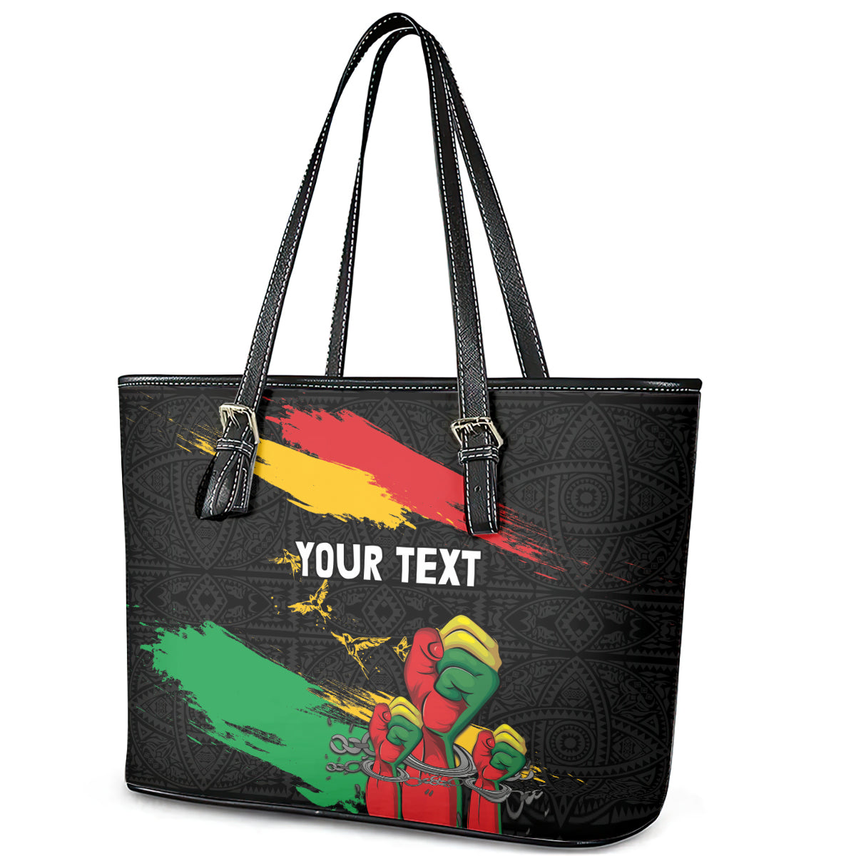 Personalized Juneteenth Freedom Day Leather Tote Bag Raised Fist Black Power and Africa Pattern LT03