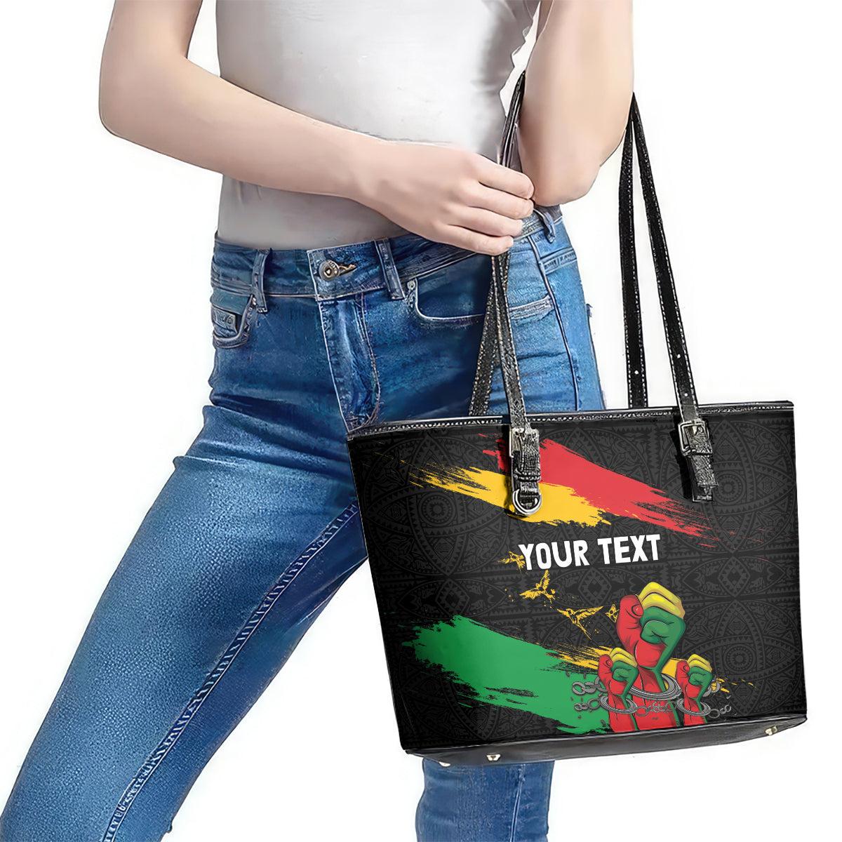Personalized Juneteenth Freedom Day Leather Tote Bag Raised Fist Black Power and Africa Pattern LT03