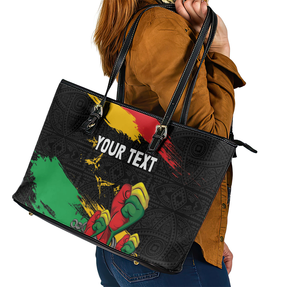 Personalized Juneteenth Freedom Day Leather Tote Bag Raised Fist Black Power and Africa Pattern LT03