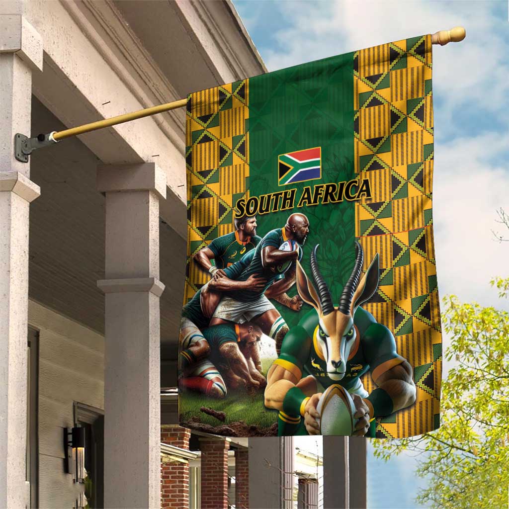 South Africa Rugby Garden Flag - Springbok Mascot, Players Fighting for Victory LT03