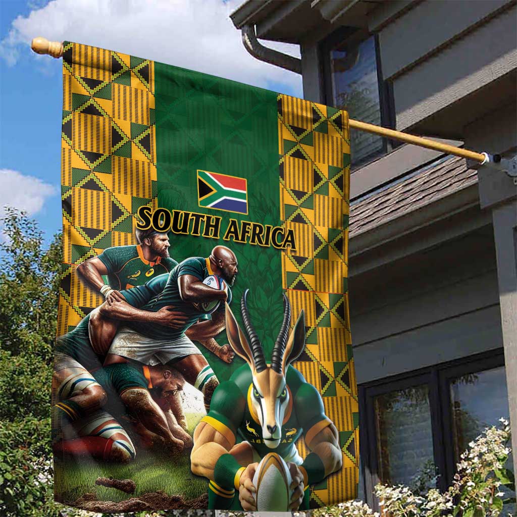 South Africa Rugby Garden Flag - Springbok Mascot, Players Fighting for Victory LT03