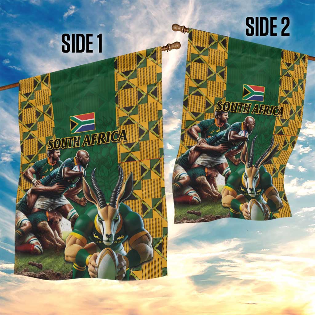 South Africa Rugby Garden Flag - Springbok Mascot, Players Fighting for Victory LT03