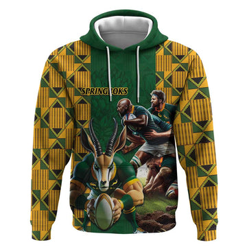 South Africa Rugby Hoodie The Springbok Mascot and Rugby Players Fight for Victory LT03