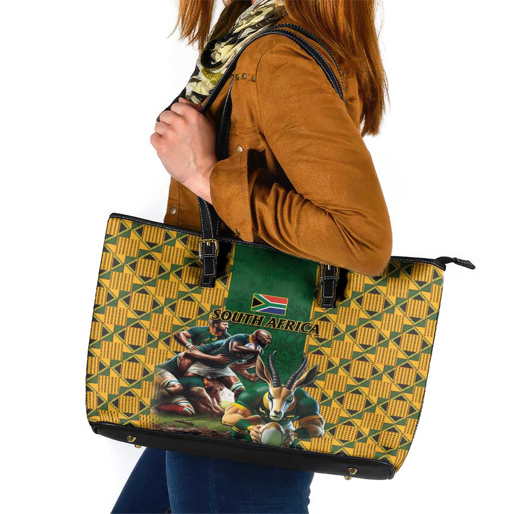 South Africa Rugby Leather Tote Bag The Springbok Mascot and Rugby Players Fight for Victory LT03
