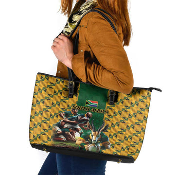 South Africa Rugby Leather Tote Bag The Springbok Mascot and Rugby Players Fight for Victory LT03