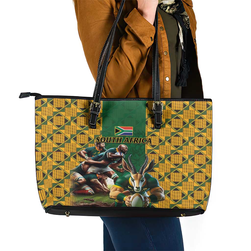 South Africa Rugby Leather Tote Bag The Springbok Mascot and Rugby Players Fight for Victory LT03