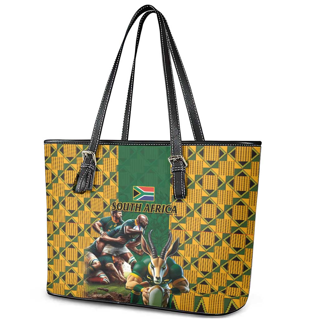 South Africa Rugby Leather Tote Bag The Springbok Mascot and Rugby Players Fight for Victory LT03