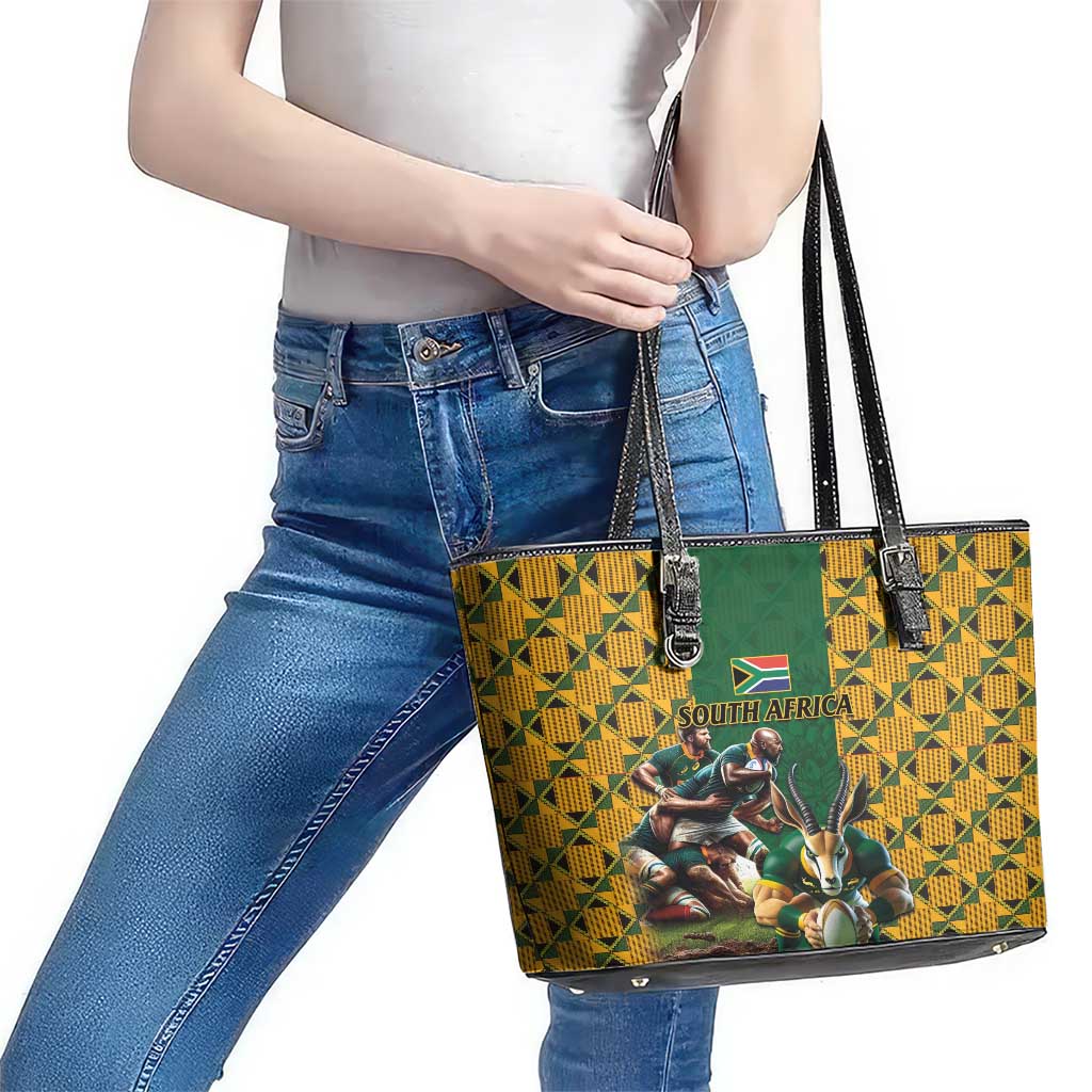 South Africa Rugby Leather Tote Bag The Springbok Mascot and Rugby Players Fight for Victory LT03